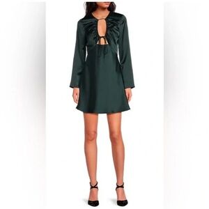 Gianni Bini Raini Satin Tie Front Long Sleeve A- Line Hunter Green Dress.
